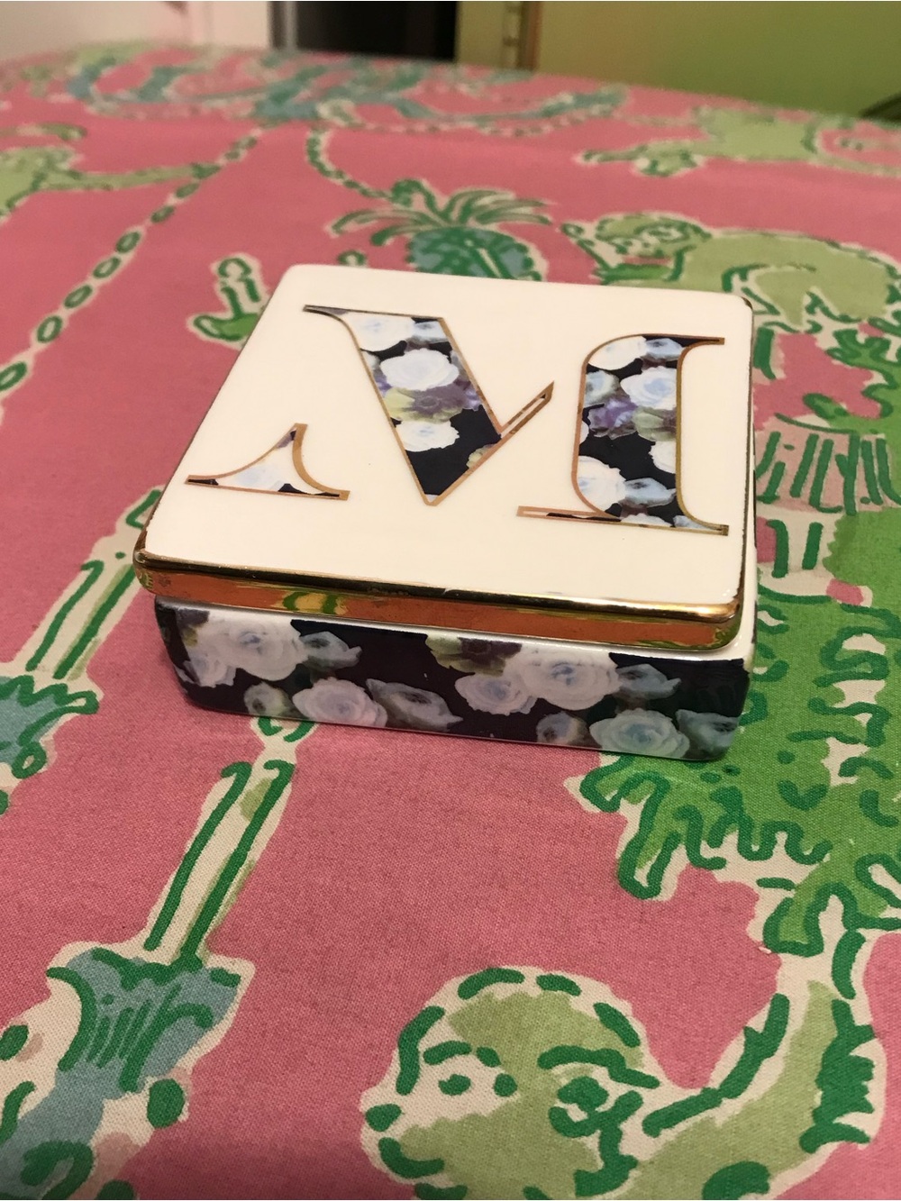 Anthropologie blue floral Monogram “M” Lidded Jewelry Trinket Box